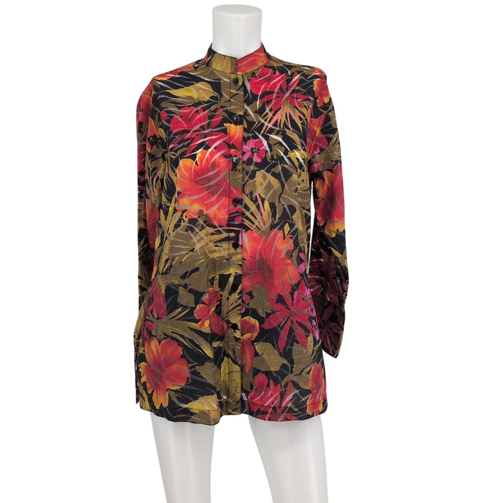 Floral Tropical Tunic Button Up Top Mandarin Collar Burnout Sheer Bohemian Small